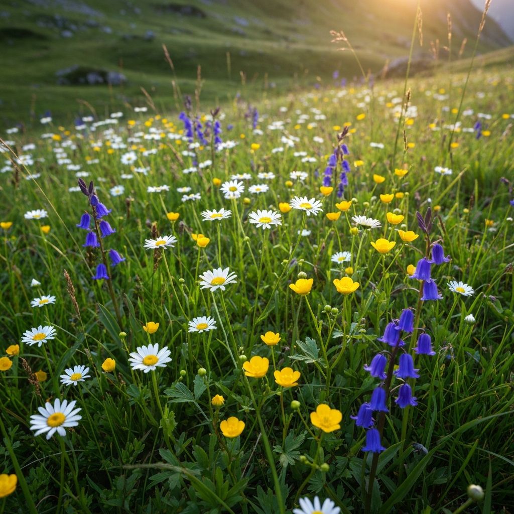 Alpines Blütenfeld mit verschiedenen Wildblüten bei natürlichem Licht