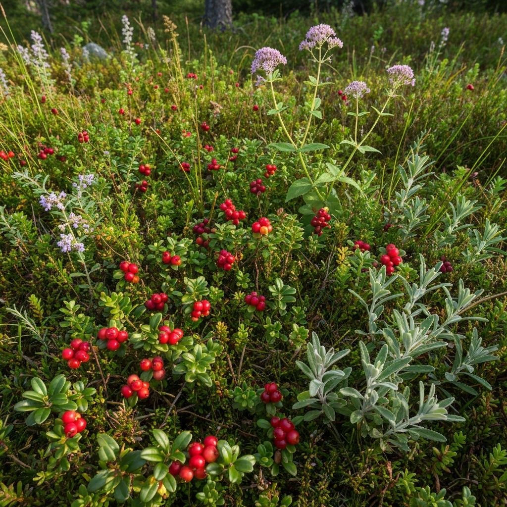 Alpine Beeren und Wildpflanzen in ihrer natürlichen Umgebung