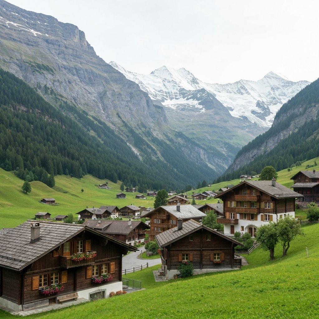 Traditionelle Alpendorf-Landschaft mit natürlichen Berggebieten